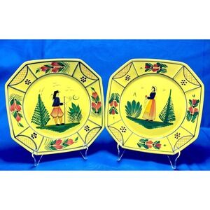 Henriot Quimper Mistral Blue Breton Octagonal Dinner Plates Pair 10.25" France